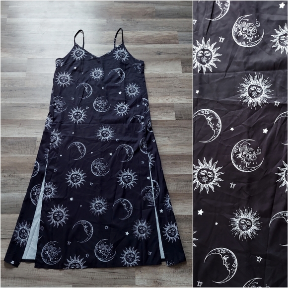 Celestial Sun Moon Star Print Midi Dress Large Goth Witch Fairy Zodiac Astrology - Picture 3 of 13